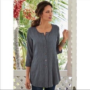 Soft Surroundings Ellis Textured Button Shirt Blue Grey Small